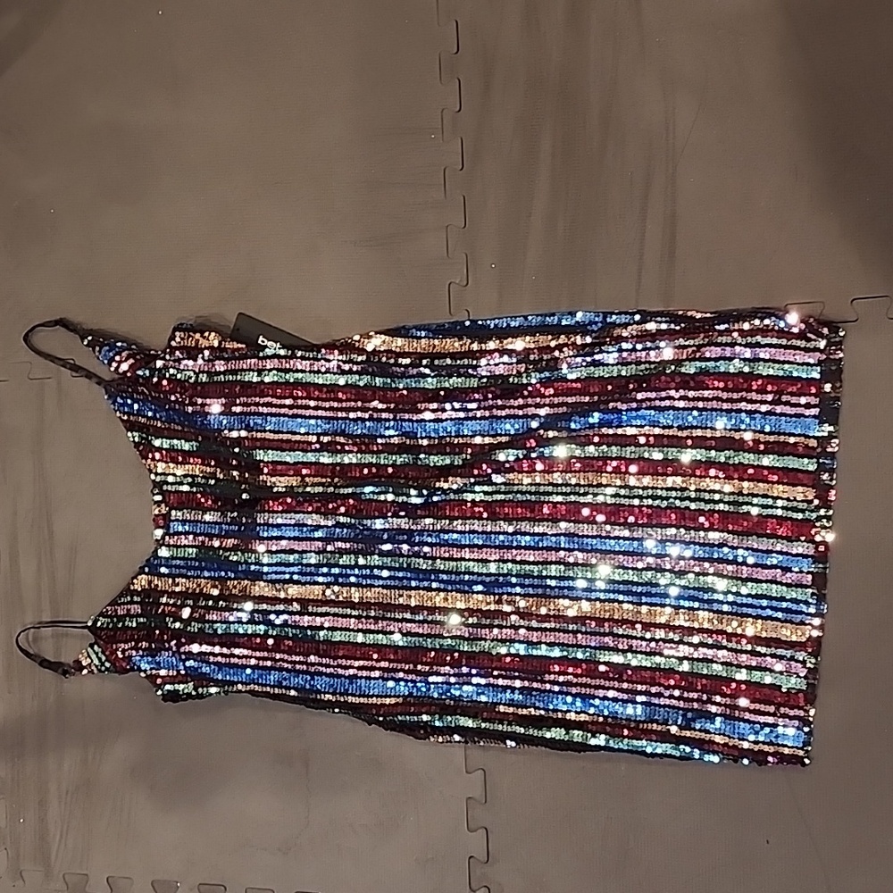 Brand New Bebe Colorful Stripe Sequin Lined Dress